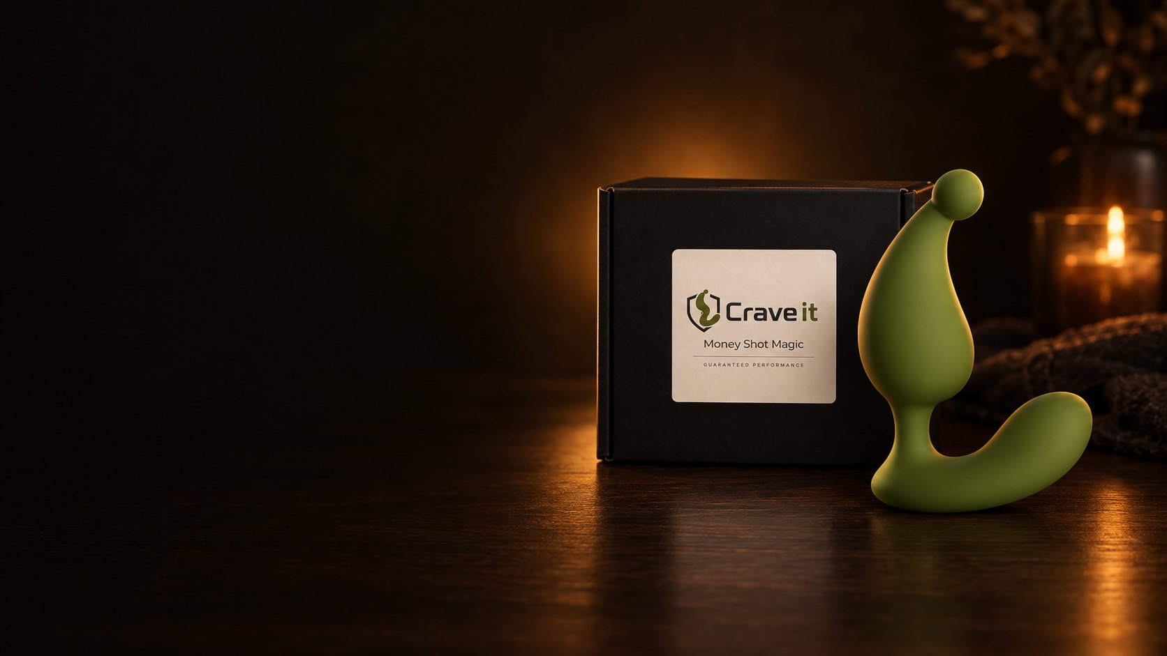 Olive-green Crave it prostate massager beside its black gift box in warm candlelight
