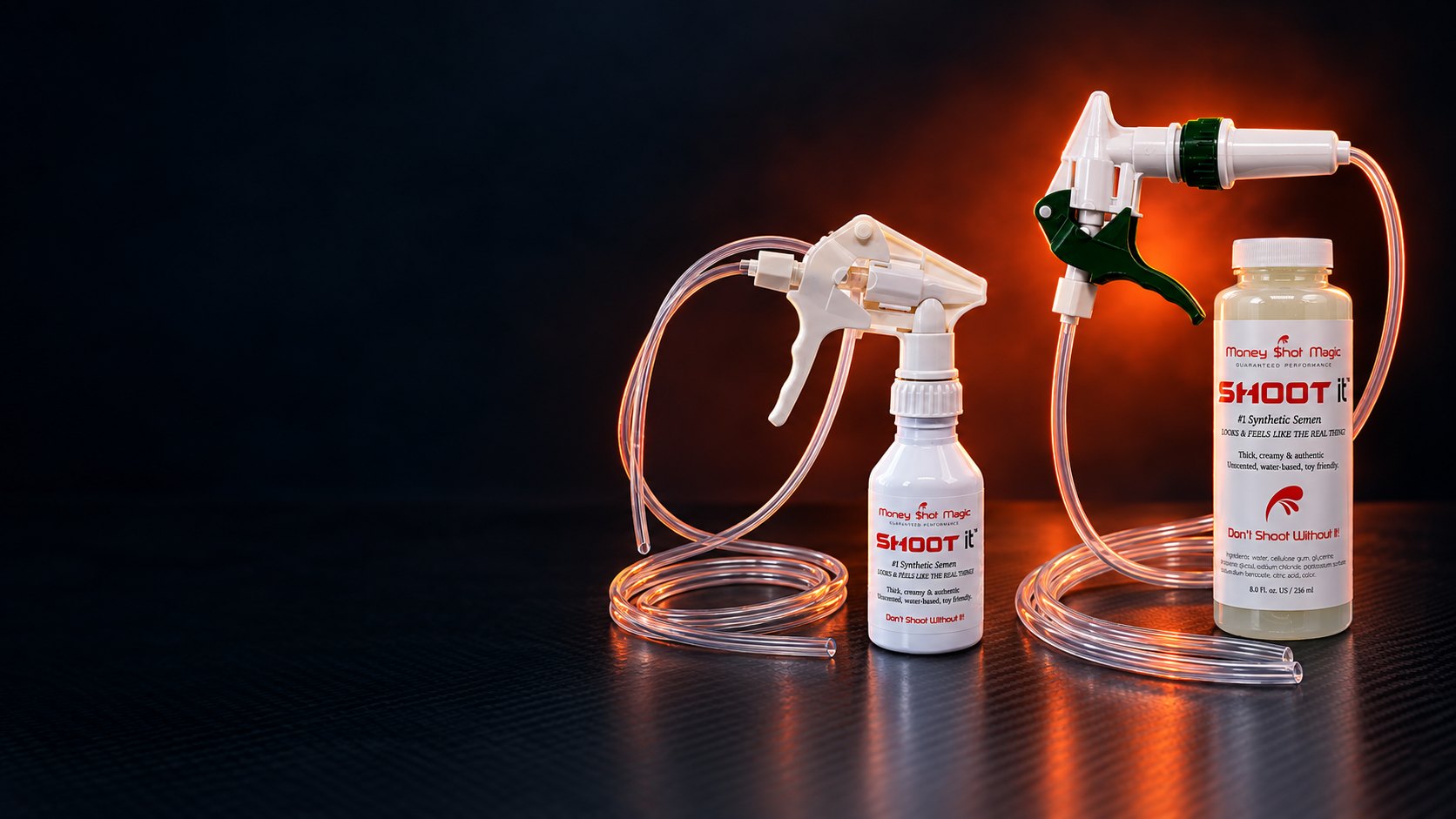 Fake it Quick Fire and Pro trigger rigs with Shoot it bottles and clear tubing under orange light