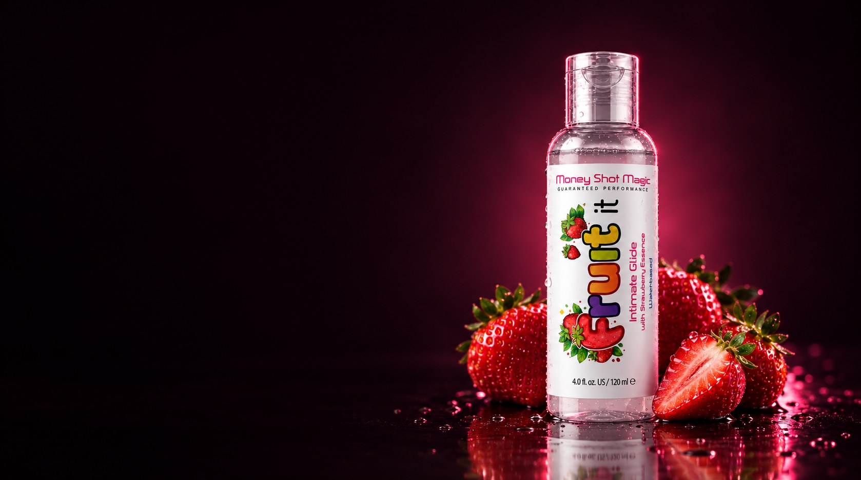 Fruit it strawberry glide gel bottle on a glossy dark surface with fresh strawberries and a soft pink glow