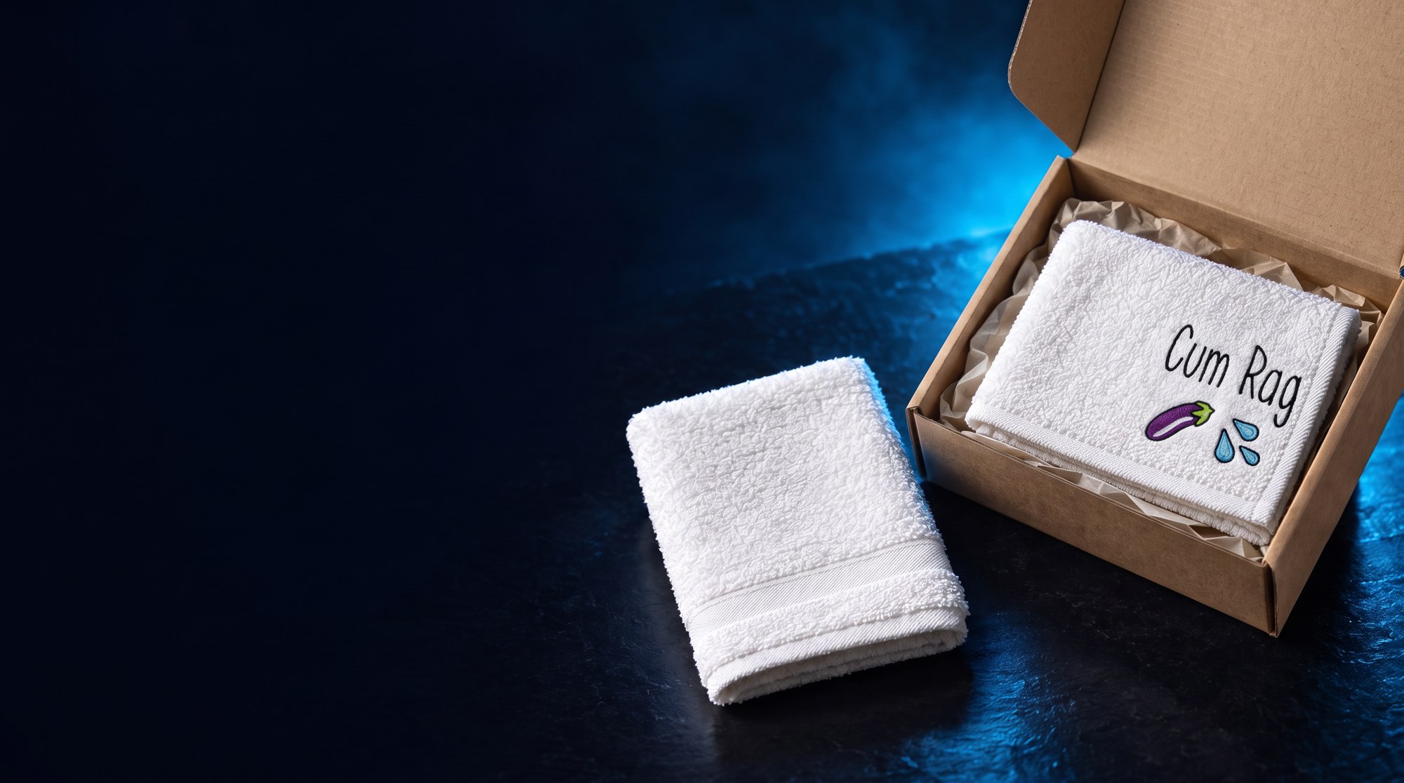 Mop it plush white facecloth embroidered Cum Rag in an open kraft gift box