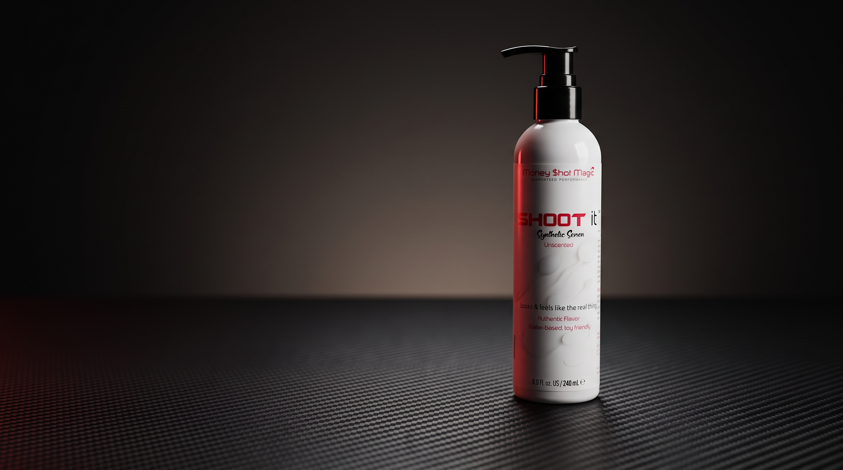 SHOOT it realistic synthetic semen bottle on a dark professional production surface