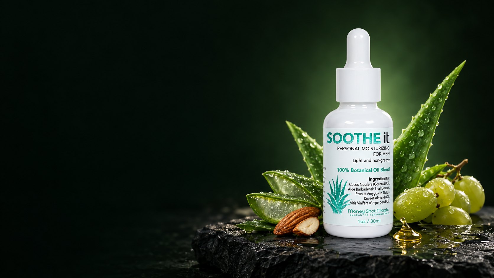 Soothe it moisturizing serum bottle on dark stone with aloe vera, almonds and grapes