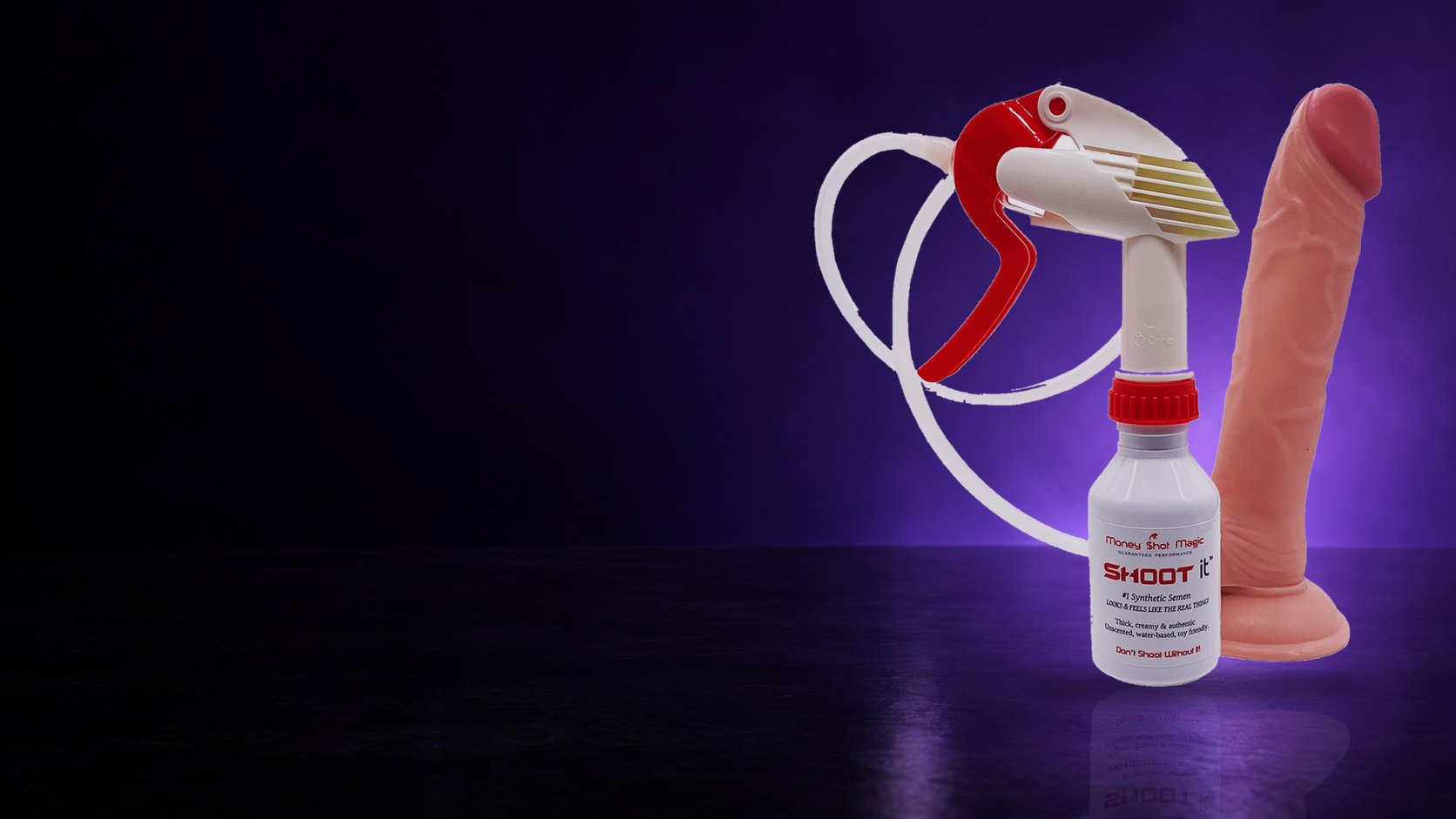 Squirt it trigger squirter with a Shoot it bottle on a glossy dark surface with purple light