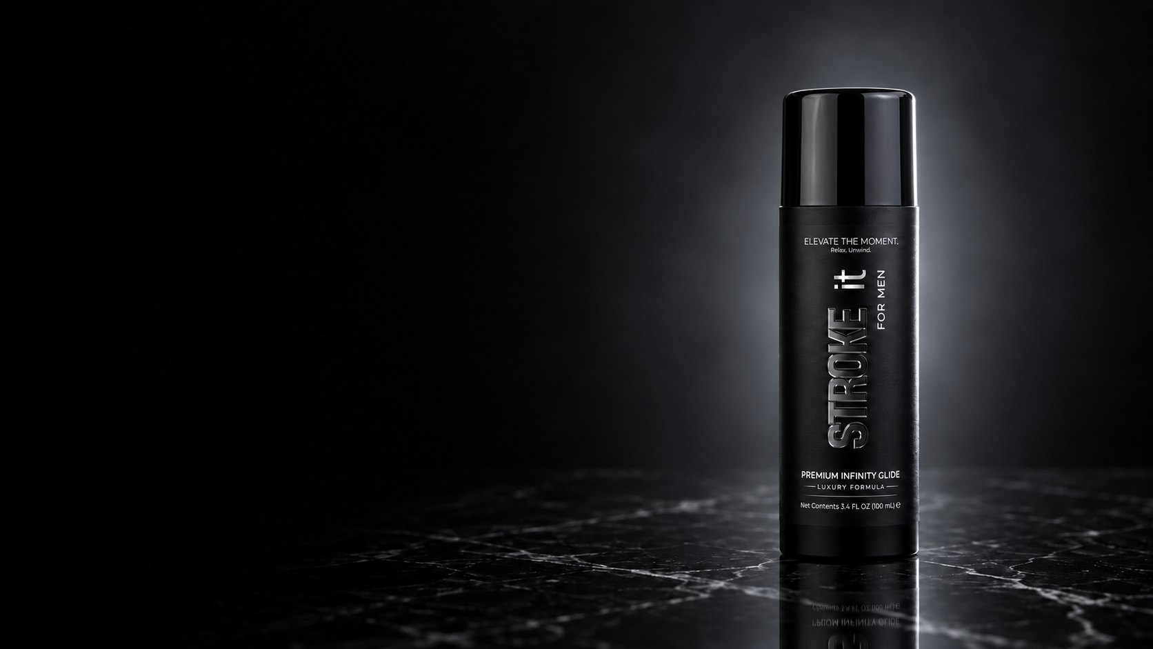 Stroke it black pump bottle on polished black marble