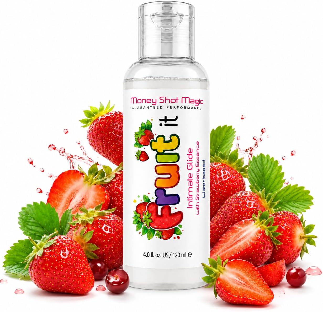 Fruit it bottle surrounded by fresh strawberries