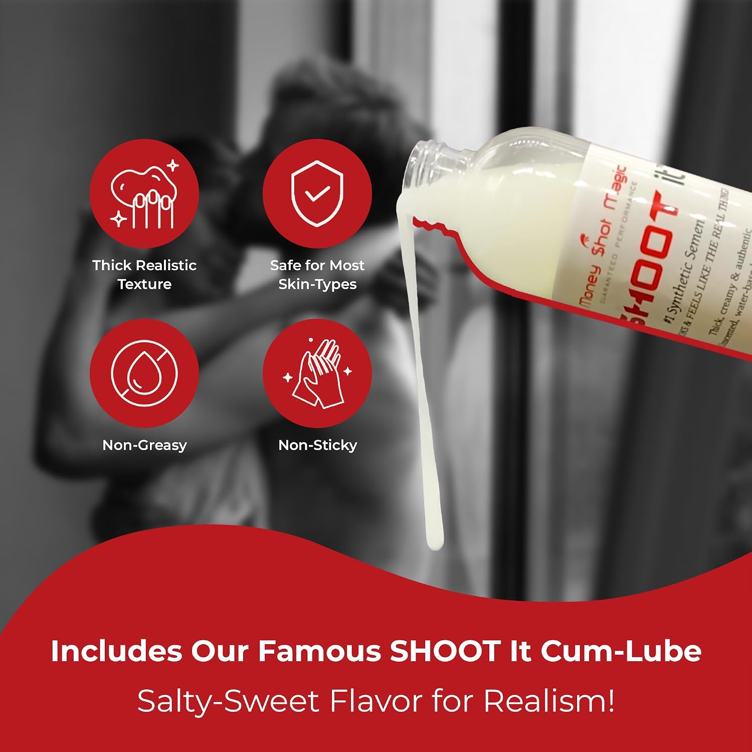 Includes Shoot it cum-lube — salty-sweet flavor