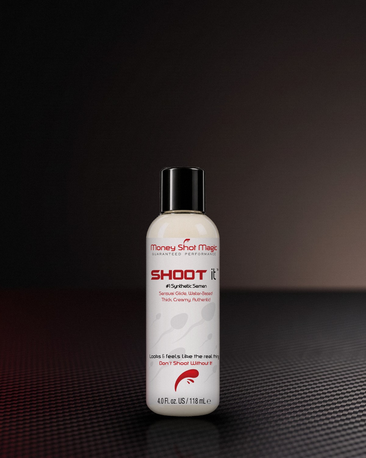 Shoot it 4 oz bottle on a carbon fiber studio surface