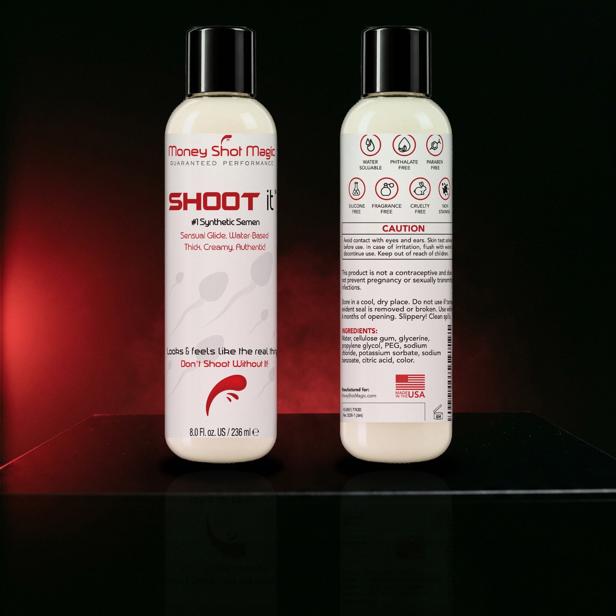 Two Shoot it 8 oz bottles showing the front label and the back label with caution and ingredients