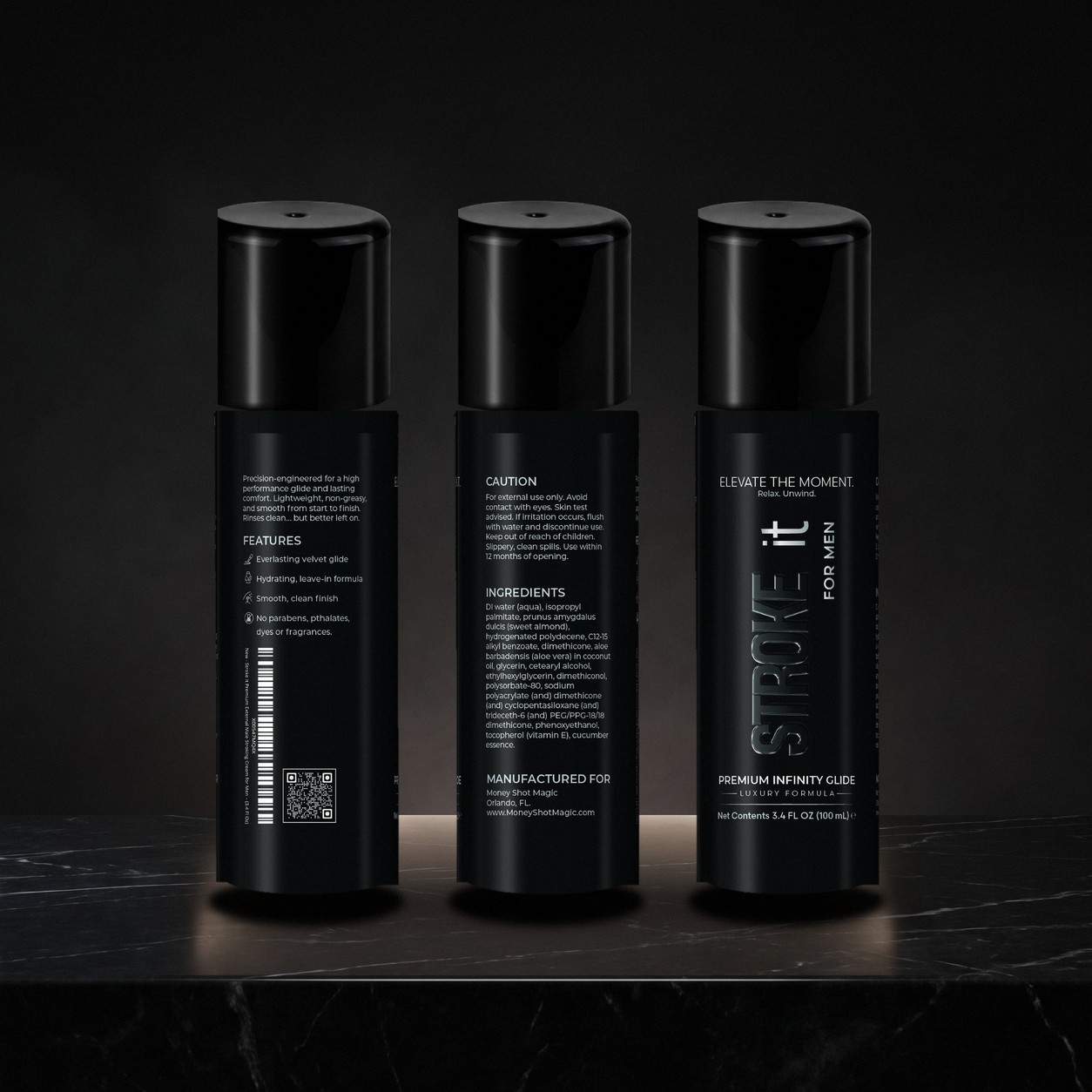 Three Stroke it bottles on black marble showing the features side, the caution and ingredients back, and the front label