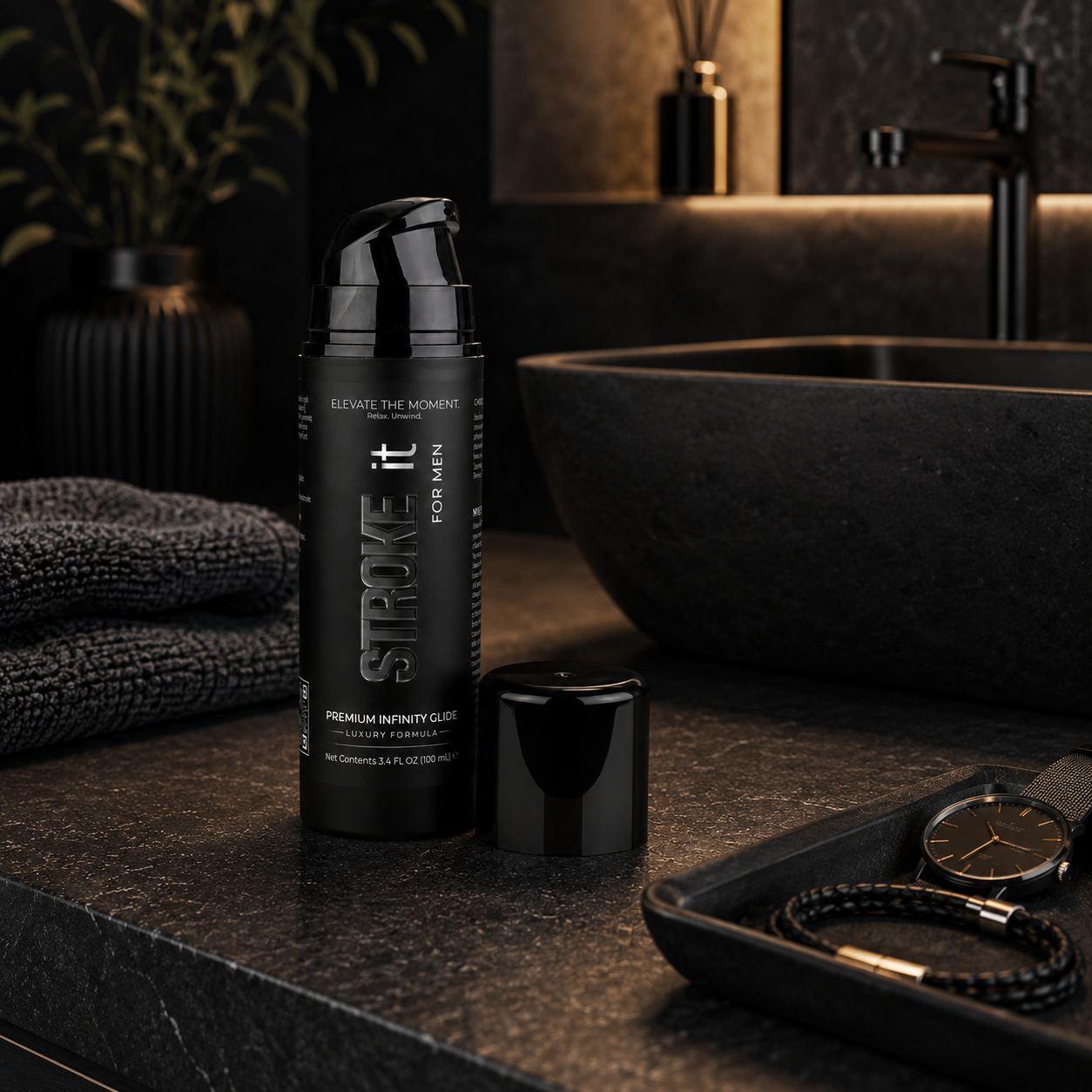 STROKE it premium personal lubricant bottle styled in a modern bathroom